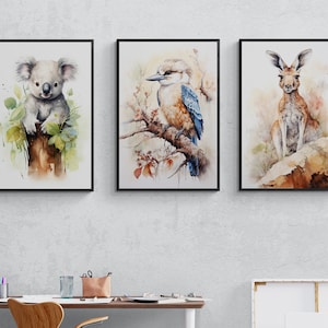 Australian Treasures - Kookaburra, Koala, Kangaroo, Australian Animal Wall Art Prints, Gender-Neutral Nursery Decor, Perfect Baby Room Decor