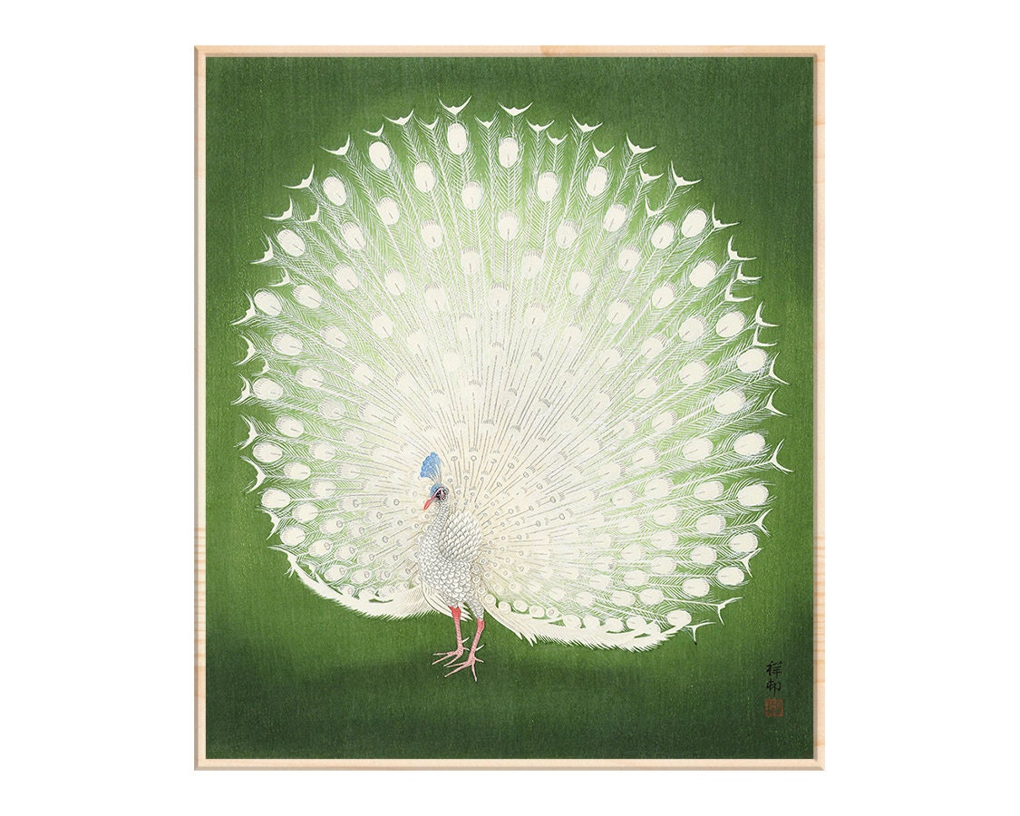 小原古邨作「孔雀」キャンバス壁アートプリント、木版画、浮世絵、日本