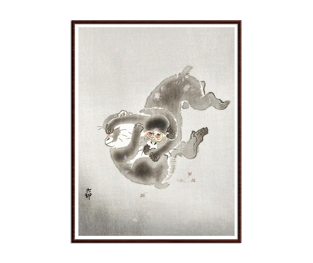 小原古邨作「遊ぶ二匹の猿」、日本の動物アート、Japandi インク水彩