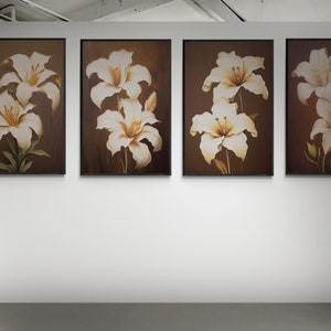 Witte bloemen op een bruine achtergrond, wit en beige botanisch schilderij canvas muurkunst, bloemen canvas print muur decor, bloemen muur kunst