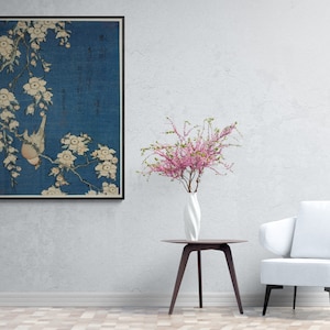 Bullfinch and Weeping Cherry Woodblock woodcut ukiyo-e painting by Katsushika Hokusai, Masterpiece of Japanese Painting, Blue White Flower