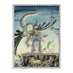 Monster 7 Heads Dragon and Two Brothers  by Kay Nielsen Canvas Wall Art, Fairy Tale Painting, Fantastic Painting, Fairy Tale Art Print