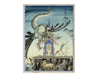 Monster 7 Heads Dragon and Two Brothers  by Kay Nielsen Canvas Wall Art, Fairy Tale Painting, Fantastic Painting, Fairy Tale Art Print