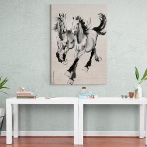 Two Galloping Horses, Xu Beihong Chinese art canvas print, Running horses painting, Horse wall art, Equine decor, Wild horses poster