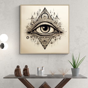 Black and White All Seeing Eye Illustration Fine Art Print Canvas Wall Art, All Seeing Eye art print, Stars wall art, Celestial decor