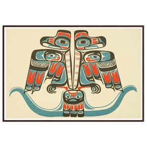 May include: A rectangular print featuring a symmetrical graphic illustration in black, red, and light blue on a cream background. The design depicts two stylized birds facing outward with wings spread, positioned above a central creature figure.