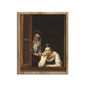 Two Women at a Window by Bartolome Esteban Murillo Canvas Print, Bath Room Art Print, Grossip Painting, Funny Canvas Art Print