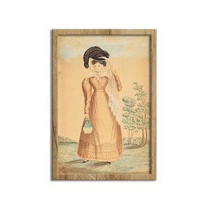 Woman with Plumed Hat, 19th Century, American Folk Art, Surreal Woman Illustration, Vinatage Figurative Art Canvas Print Wall Art