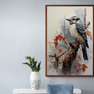 Water Color Bird Painting Canvas Wall Art, Canvas Wall Decor Watercolor, Pen and Ink Scientific book illustration of a Downy Woodpecker