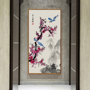 Vintage Chinese Red Pump Blossom Tree and Blue Magpie Bird, Asian Zen Mediation Prints, Chinese Fortune Art Canvas Print, Wall Art Vertical