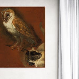 Study of an Owl, with a Fragmentary Study of a Monkey, Whimsical Animal Art, Wildlife Prints, Owl Painting Canvas Print Wall Art