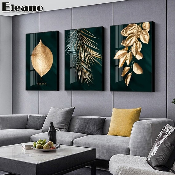 Set of 3 Dark Green and Gold Marble Leaves Wall Decor Abstract Canvas Print  Emerald Green Wall Art Luxury Abstract Painting Wall Art 