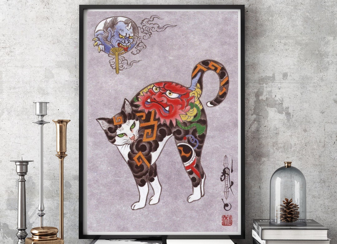 浮世絵 猫 版画 サイン入り 浮世絵版画 浮世絵猫のタトゥー 日本ポスター 木版画, 浮世絵
