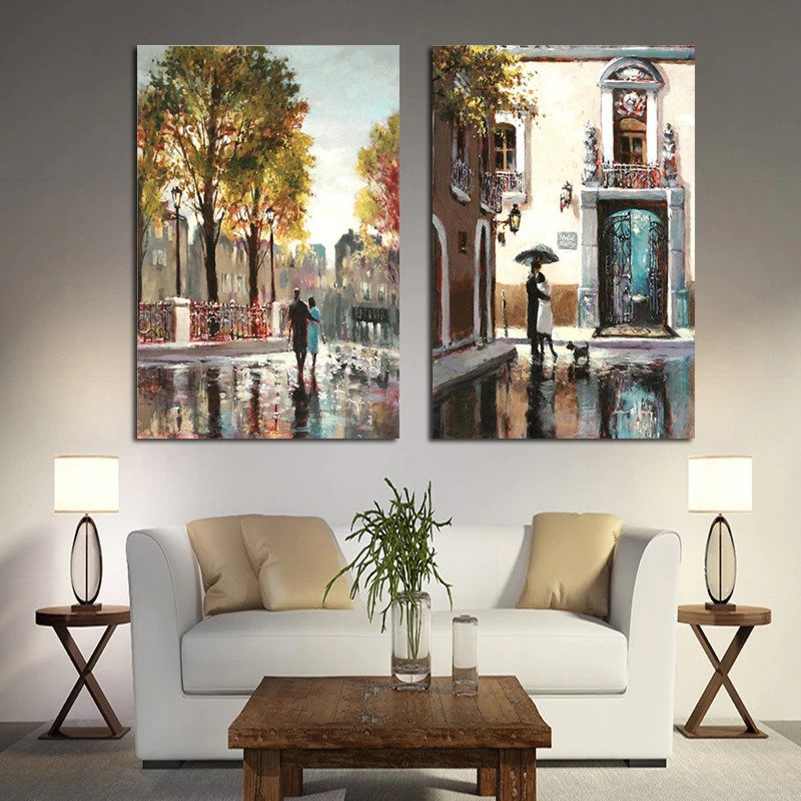 Romantic Couple Wall Art , Couple in Rainy City Painting Canvas Print
