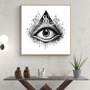 Black and White All Seeing Eye Illustration Fine Art Print Canvas Wall Art, All Seeing Eye art print, Stars wall art, Celestial decor