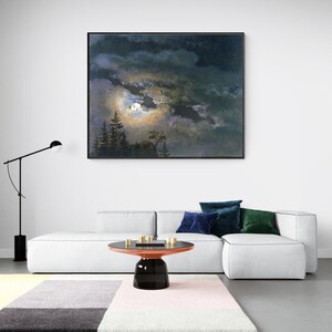 Bewölkter Himmel im Mondlicht, Mond Kunst, Stimmungsvolle Malerei, Nachtszene Landschaftsmalerei Leinwand Wandkunst