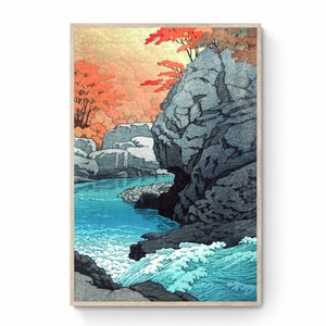 Kawase Hasui Prints Tengu Rock, Shiobara, Japanese Landscape Red Maple Leaf Woodblock Prints Ukiyoe Canvas Art Print, Rapids, Maple