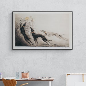 Elegant Lady with Greyhound Dogs by Louis Icart Fine Art Print - Art Deco Movement, Modern Art, Fashion Canvas Print Wall Art  Home Decor