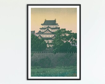 川瀬巴水作「名古屋城」（1932年）、日本の木版画、巴水木版画、水彩画