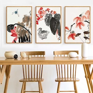 Vintage Chinese Style Lotus, Bamboo, Grape Fruit, Dragonfly, Red Floral Asian Zen Mediation Prints, Wall Decor, Chinese Art Canvas Print