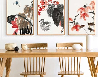 Loto de estilo chino vintage, bambú, fruta de uva, libélula, estampados de mediación Zen asiáticos florales rojos, decoración de pared, impresión de lienzo de arte chino