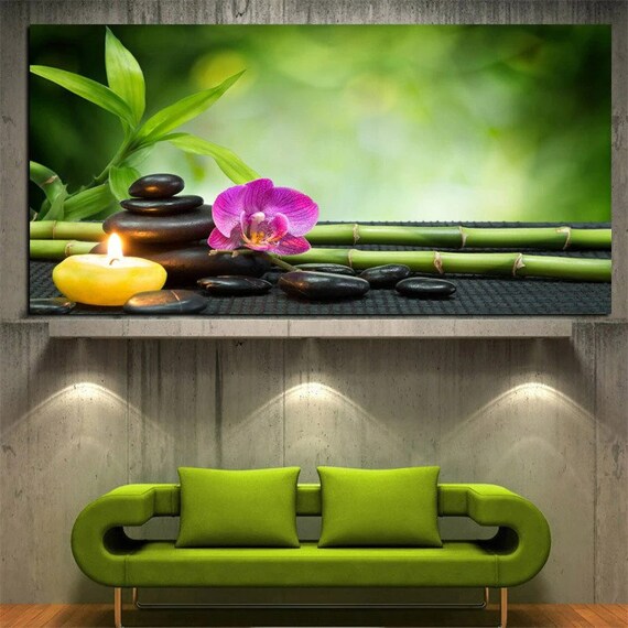 Candle Stone Flower Set Prints Wall Decor Canvas Print Wall Art Set of 3-3 panels Vertical Version SPA Zen Mediation Bamboo Flow Water