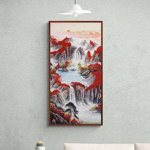 Vintage Chinese Water Fall from Maple Hill Landscape, Asian Zen Mediation Prints, Wall Decor, Chinese Art Canvas Print, Wall Art Vertical