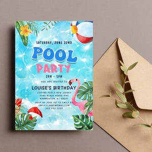 Invitación de cumpleaños para fiesta en la piscina, celebración de verano, tema de cumpleaños de natación, imprimible, editable, DESCARGA INSTANTÁNEA
