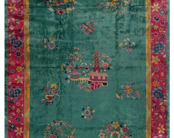 Antique Chinese Art Deco Wool Rug – 11'x18' Pictorial Hand Knotted Carpet