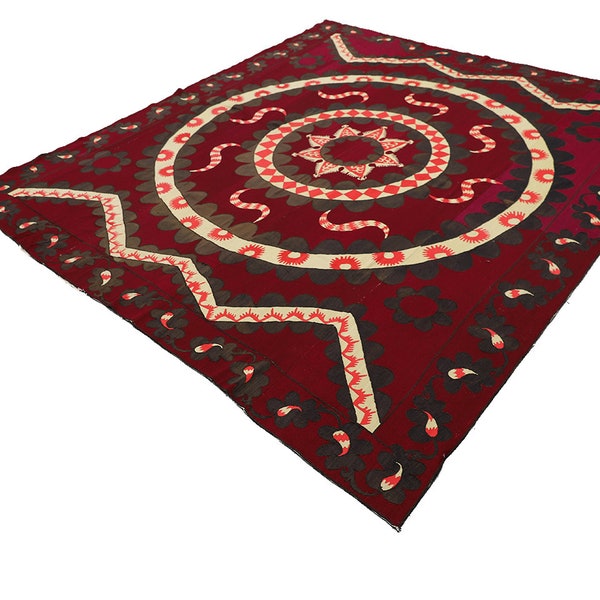 Beautiful Burgundy Medalion Uzbek Tapestry Embroidered Textile