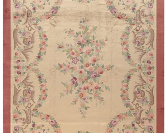 9x11 Floral Cream Vintage Chinese Handmade Wool Art Deco Area Rug - Home Decor - Carpets
