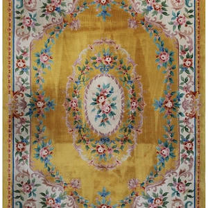 6x9 Golden Yellow Beige Floral Antique Savonnerie Chinese Wool Area Rug | Carpets | Home Decor