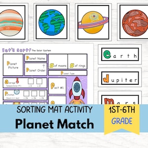 Puede incluir: Un conjunto de actividades educativas coloridas con ilustraciones de planetas, una alfombra de clasificación y tarjetas con nombres de planetas. El conjunto incluye el texto "Planet Match" y "1st-6th Grade". Los planetas están representados en colores vibrantes.