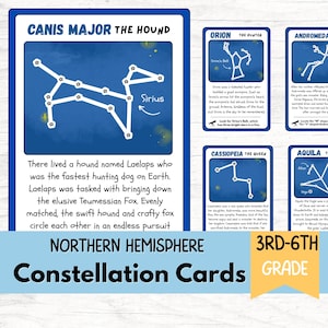May include: Educational constellation cards for the Northern Hemisphere, including Canis Major, Orion, Andromeda, Cassiopeia, and Aquila. Suitable for 3rd-6th grade, with descriptive text.