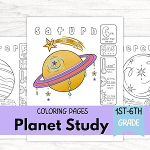 Könnte beinhalten: Ausmalbilder mit einer Cartoon-Illustration von Saturn, seinen Ringen und einem Sternschnuppen. Der Text enthält "Saturn" und "Planet Study". Enthält Fakten über den Planeten. Konzipiert für die 1. bis 6. Klasse.