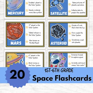 以下が含まれることがあります： 1〜6年生向けの20枚の宇宙フラッシュカードのセット。カードには、惑星、衛星、小惑星のカラフルなイラストが描かれており、それぞれに関する事実が記載されています。「水星」という単語が1枚のカードに表示されています。