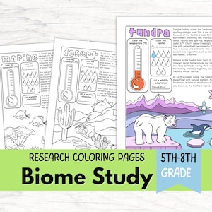 May include: A set of research coloring pages for a biome study, featuring illustrations of marine, desert, and tundra environments. Each page includes temperature and rainfall indicators, along with space for wildlife adaptations. The pages are designed for 5th-8th grade.