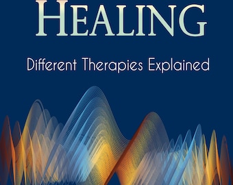 May include: A book cover with the title "ENERGY HEALING" in white and light blue letters. Below the title is the text "Different Therapies Explained" and "Healing Your Body Naturally". The background is dark blue with a wavy, colorful design.