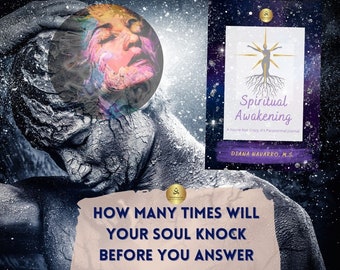 May include: A black and white image of a person with a cracked face, a colorful orb behind their head, and a book cover with the title "Spiritual Awakening: A You're Not Crazy, It's Paranormal Journal" by Diana Navarro, M.S. The text below the image reads "How many times will your soul knock before you answer the call? This is Diana.com".
