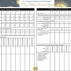image of the sleep diary for sleep sweet spot