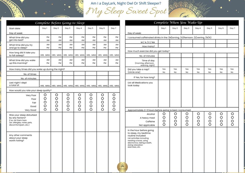 image of the sleep diary for sleep sweet spot