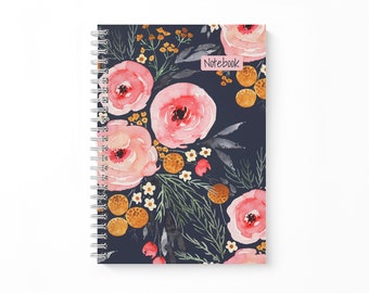 Notebook with ring binding in DIN A5 made of environmentally friendly paper, flowers dark