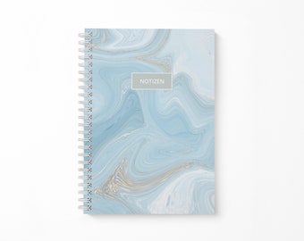 Notebook with ring binding in DIN A5 made of environmentally friendly paper, blue swirls