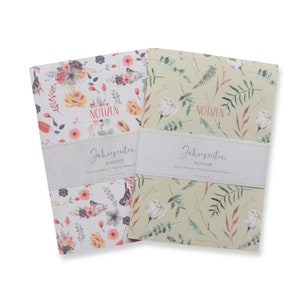 Juego de 2 cuadernos, cuaderno de bocetos, diario, flores, DIN A5, papel de alta calidad, respetuoso con el medio ambiente, 44 páginas, en blanco
