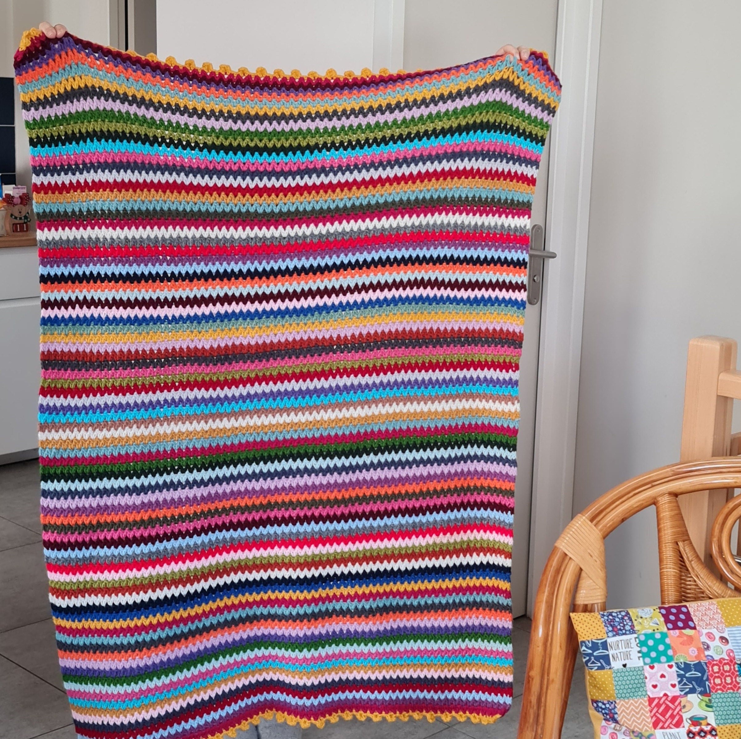 Handmade Crochet Blanket, Colorful Vstitch, Bedding, Happy Blanket