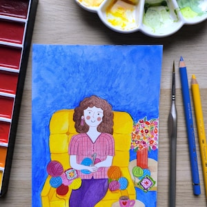 依存症の女性。水彩と色鉛筆で描いたオリジナル作品。