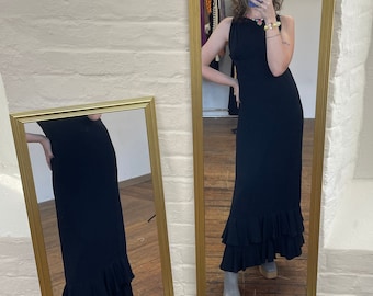 Vintage 1960s Black Maxi Dress, Ruffled Hem, Sleeveless