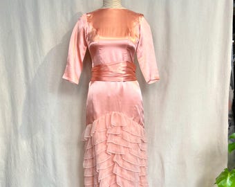 Vintage Baby Pink Satin Evening Dress: Ruffled Chiffon Skirt Vintage Baby Pink Satin Evening Dress: Ruffled Chiffon Skirt