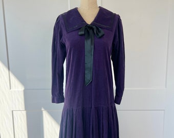 1980s Laura Ashley Purple Corduroy Dropwaist Pleated Dress