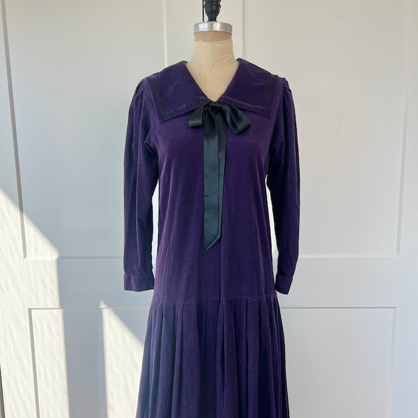 1980s Laura Ashley Purple Corduroy Dropwaist Pleated Dress